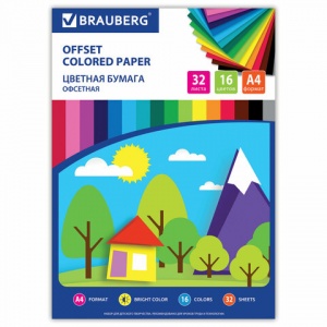 Бумага цветная офсетная Brauberg "Лесная сказка" (32 листа, 16 цветов, А4, 200х280мм) (111328)