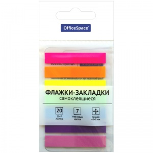 Клейкие закладки пластиковые OfficeSpace, 7 цветов неон по 20л., 45x8мм (286506), 24 уп.