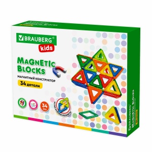 Конструктор магнитный Brauberg Kids BIG Magnetic Blocks-34, 34 детали, с колесной базой (663845)