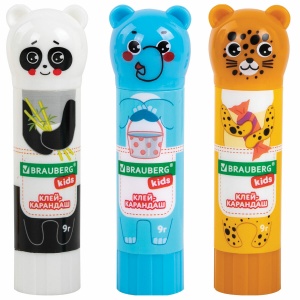Клей-карандаш Brauberg Kids "Зверята: панда, слон, леопард", 9г, фигурный колпачок, 24шт. (271139)