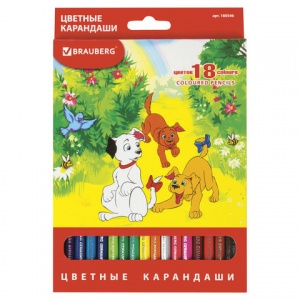 Карандаши цветные 18 цветов Brauberg "My lovely dogs" (d=3мм, 6гр) картонная упаковка (180546)