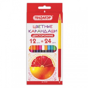 Карандаши цветные 24 цвета Пифагор "Сочные фрукты" (L=176мм, d=3мм, 6гр, двусторонние) 12шт., картон (181361)