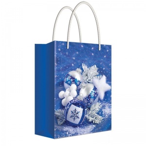 Пакет подарочный новогодний 18x22,7x10см Русский дизайн "Елочные украшения в синем цвете", ламинированный (39390)