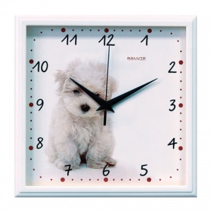 Часы настенные аналоговые Салют П-2А7-391, белый с рисунком "Щенок", белая рамка, 28х28х4см