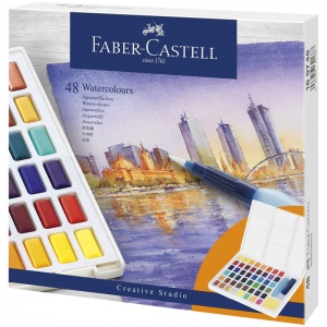 Краски акварельные художественные 48 цветов Faber-Castell "Watercolours", кюветы + кисть "Water Brush"+ съемная палитра (169748)