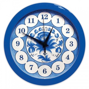 Часы настенные аналоговые Салют П-Б4-169, голубой с рисунком "Гжель", синяя рамка, 28х28х4см
