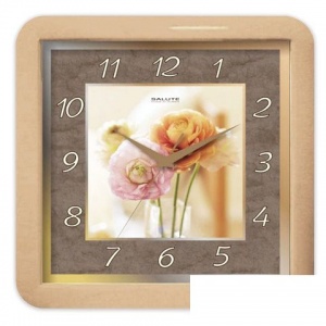 Часы настенные аналоговые Салют П-А2.2-390, коричневый с рисунком "Цветы", бежевая рамка, 29,5х30х4см