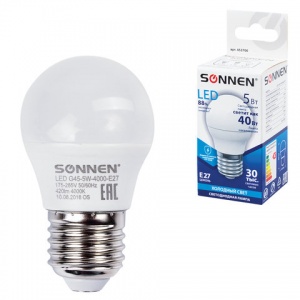 Лампа светодиодная Sonnen (5Вт, E27, шар) холодный белый, 10шт. (LED G45-5W-4000-E27)