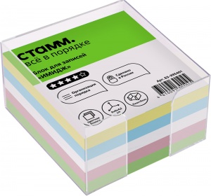 Блок-кубик для записей Стамм "Имидж", 90x90x45мм, цветной, прозрачный бокс (БЗ-995401)