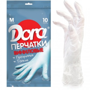 Перчатки одноразовые виниловые Dora, неопудренные, размер М, белые, 5 пар в упаковке, 5 уп. (2004-002)