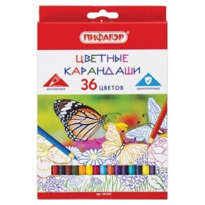 Карандаши цветные 36 цветов Пифагор "Бабочки" (L=176мм, d=3мм, 6гр) картон (181354)