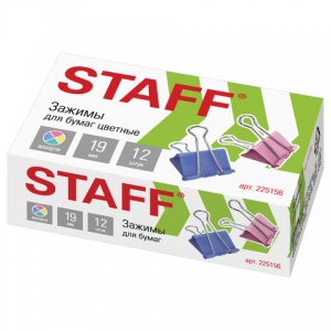 Зажимы для бумаг металлические Staff (19мм, до 60 листов, цветные) в картонной коробке, 12шт. (225156)