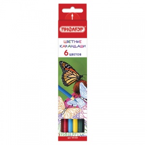 Карандаши цветные 6 цветов Пифагор "Бабочки" (L=176мм, d=3мм, 6гр) картон (181350)