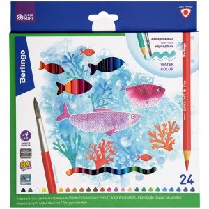 Карандаши акварельные 24 цвета Berlingo "SuperSoft. Рыбки" (L=180мм + кисть, 3гр) картон (SSA1724)