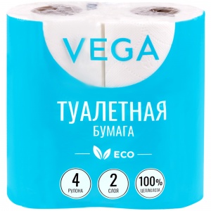 Бумага туалетная 2-слойная Vega Эко, белая, 15м, 4 рул/уп (315618)