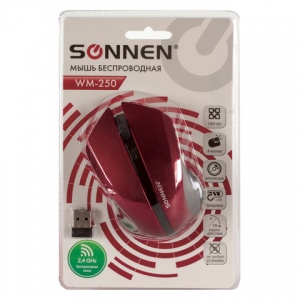 Мышь оптическая беспроводная Sonnen WM-250Br, USB, 1600 dpi, 3 кнопки + 1 колесо-кнопка, бордовая, 60шт.