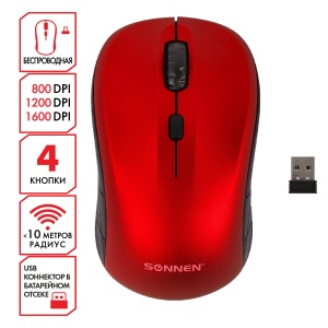 Мышь оптическая беспроводная Sonnen V-111, USB, 4 кнопки, оптическая, красная (513520)