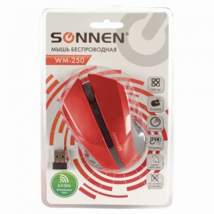 Мышь оптическая беспроводная Sonnen WM-250R, USB, 1600 dpi, 3 кнопки + 1 колесо-кнопка, красная, 60шт.