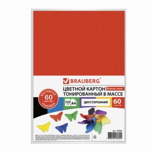 Картон цветной двусторонний Brauberg (60 листов, 6 цветов, тонированный, А4) (128986)