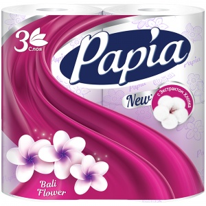 Бумага туалетная 3-слойная Papia Балийский цветок, белая, 16.8м, 4 рул/уп, 14 уп. (4604857000068)