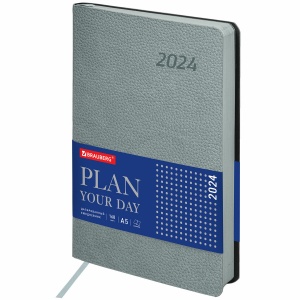 Ежедневник датированный на 2024 год А5 Brauberg "Stylish", серо-голубой, 168 листов, кожзам, 138х213мм (114898)