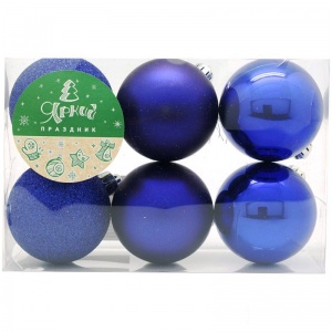 Набор елочных шаров, 6шт., 60мм, пластик, синий (16581)