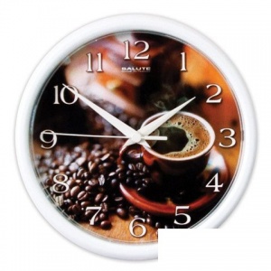 Часы настенные аналоговые Салют ПЕ-Б7-251, коричневый с рисунком "Кофе", белая рамка, 24,5х24,5х3,5см
