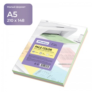 Бумага цветная А5 OfficeSpace Pale Color, пастель, 5 цветов, 80 г/кв.м, 100 листов (PC_38236)