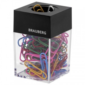 Скрепочница магнитная закрытая Brauberg (пластик) + скрепки цветные 100шт., прозрачная/черная крышка (228401)