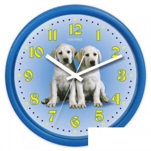 Часы настенные аналоговые Салют ПЕ-Б4.1-232, голубой с рисунком "Собаки", голубая рамка, 24,5х24,5х3,5см