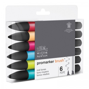 Набор маркеров-кистей художественных двусторонних Winsor&Newton "PromarkerBrush", скошенный/кисть, 6 цветов, основные оттенки (290124)