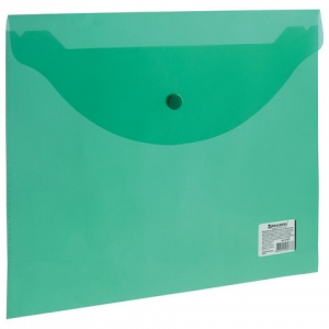 Папка-конверт на кнопке Brauberg (А4, до 100л., 150мкм, пластик) прозрачная зеленая (221635)