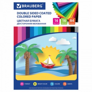 Бумага цветная двусторонняя мелованная Brauberg Эко "Кораблик" (16 листов, 16 цветов, А4) (111327)
