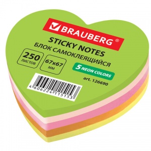 Стикеры (самоклеящийся блок) фигурные Brauberg "Сердце", 67x67мм, 5 цветов неон, 250 листов (126690), 18 уп.