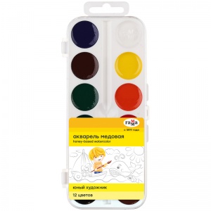 Краски акварельные медовые 12 цветов Гамма "Юный художник", без кисти, пластиковая коробка (212071), 33 уп.