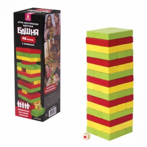 Игра настольная Золотая Сказка "Цветная башня", 48 окрашенных деревянных блоков + кубик, 2 уп. (662295)