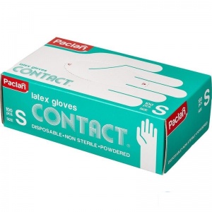 Перчатки одноразовые латексные Paclan Contact, размер S, телесный цвет, 50 пар в картон. коробке (407280/135700)