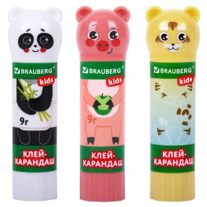 Клей-карандаш Brauberg Kids "Зверята: хрюшка, тигр, панда", 9г, фигурный колпачок, 3шт., 12 уп. (271141)