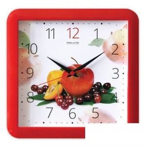 Часы настенные аналоговые Салют П-А1-331, белый с рисунком "Фрукты", красная рамка, 29,5х30х4см