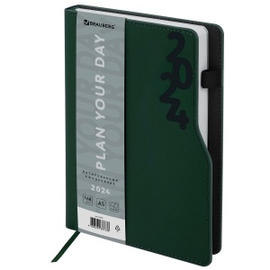 Ежедневник датированный на 2024 год А5 Brauberg "Up" софт-тач, держатель для ручки, зеленый, 168 листов, кожзам, 150х213мм (114910)