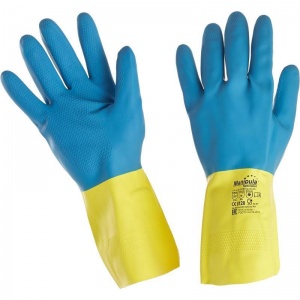Перчатки защитные латексно-неопреновые Manipula Specialist "Союз", х/б напыление, размер 10-10,5 (XL), синие/желтые, 12 пар (LN-F-05)