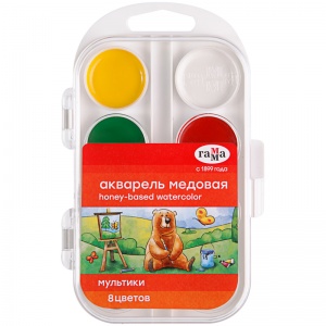 Краски акварельные медовые 8 цветов Гамма "Мультики", без кисти, пластиковая коробка (211046_8)