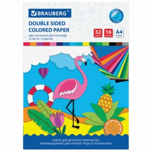Бумага цветная двусторонняя офсетная Brauberg "Фламинго" (32 листа 16 цветов, А4, скрепка) (113541)