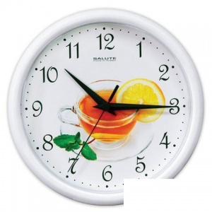 Часы настенные аналоговые Салют ПЕ-Б7-246, белый с рисунком "Чай", белая рамка, 24,5х24,5х3,5см