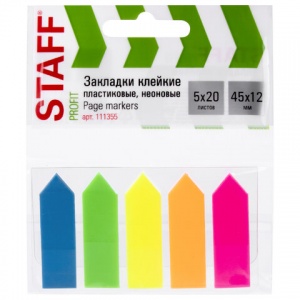 Клейкие закладки пластиковые Staff "Стрелки", 45х12мм, 5 цветов неон по 20л., 45х12мм, в пластиковой книжке, 24 уп. (111355)