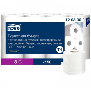 Бумага туалетная 3-слойная Tork Premium Т4, белая, 15м, 8 рул/уп (120330)