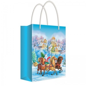 Пакет подарочный новогодний 11x13,5x6см Русский дизайн "Дед Мороз на санях с лошадьми", ламинированный (39386)