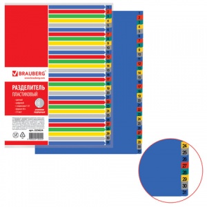 Разделитель листов пластиковый Brauberg (А4, на 31л., цифровой, оглавление) цветной (225624)