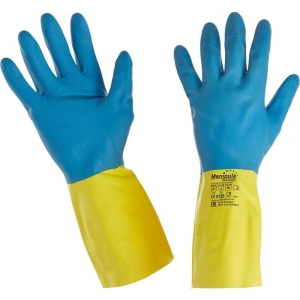 Перчатки защитные латексно-неопреновые Manipula Specialist "Союз", х/б напыление, размер 8-8,5 (M), синие/желтые, 12 пар (LN-F-05)