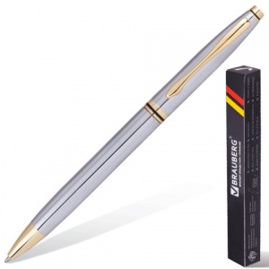 Ручка шариковая автоматическая Brauberg De luxe Silver (бизнес-класса, корпус серебристый, золотистые детали, синий цвет чернил) 1шт. (141414)